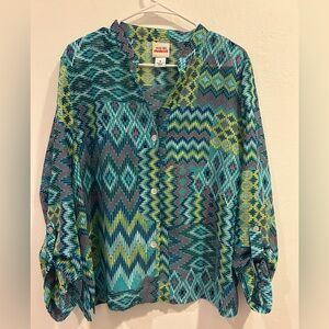 RUBY RD FAVORITES Blouse Top Shirt Semi Sheer Multicolor Button Down Size 16